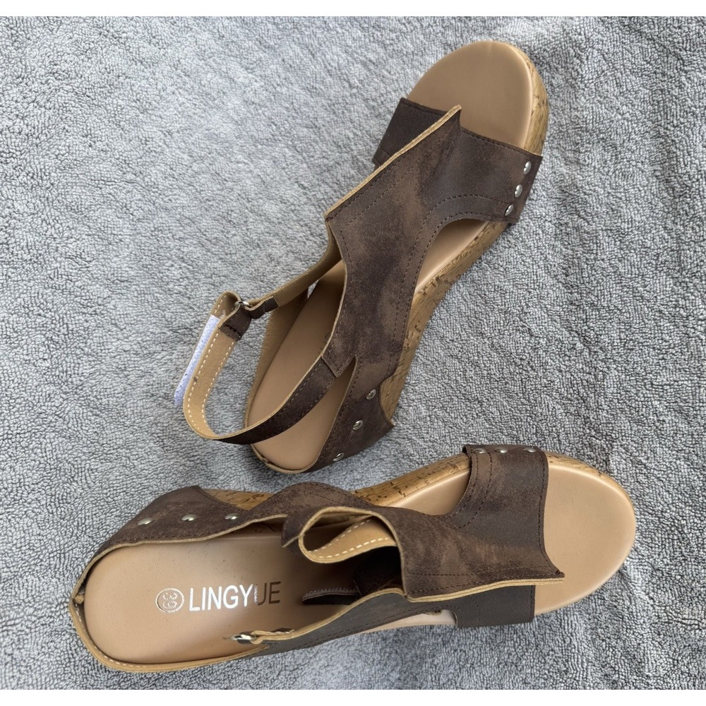 LINGYUE Studded Faux Leather Slingback Wedge Sandals Brown/Beige US 8
